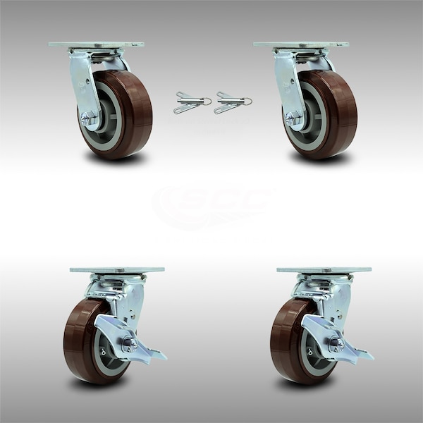 5 Inch SS Polyurethane Caster Set with Ball Bearings 2 Swivel Lock 2 Brake SCC